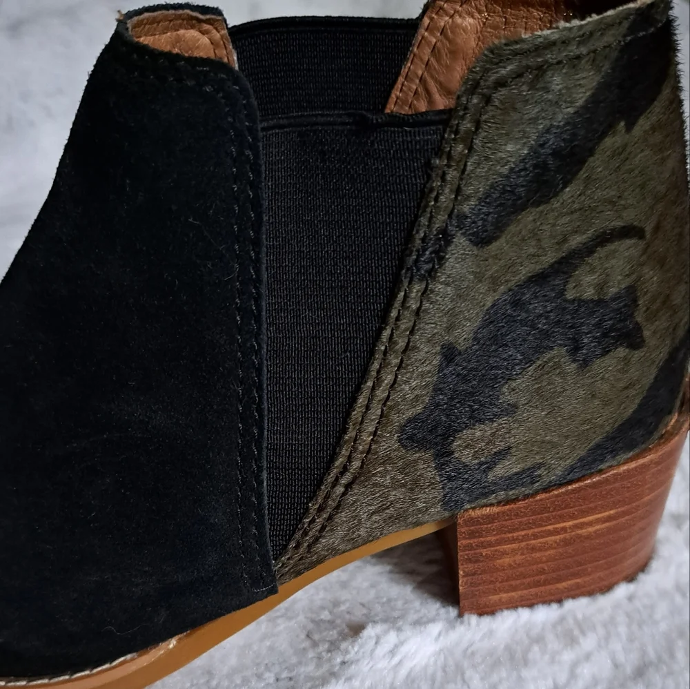 All Black brand black camo suede 2in stacked heel ankle bootie. Size 38.